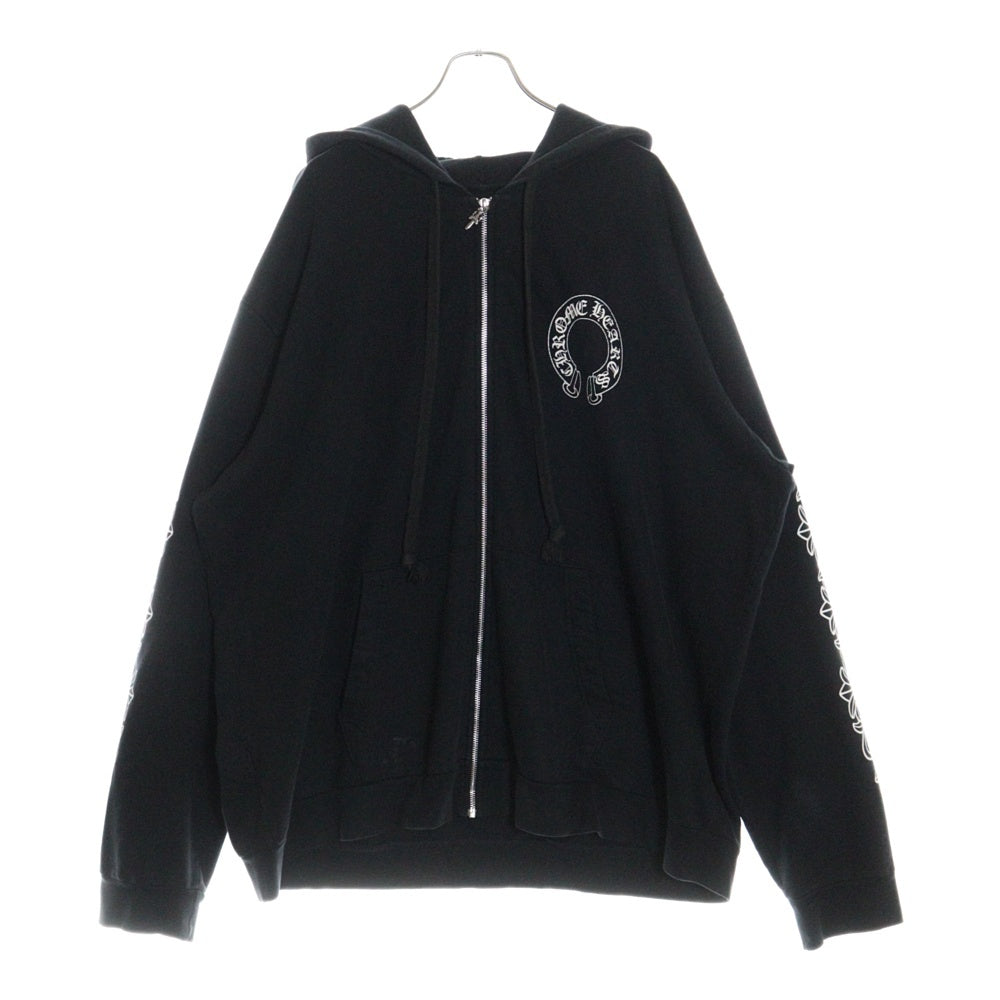 CHROME HEARTS(クロムハーツ) SWTSHRT HD ZIP 袖フローラル バックホースシュープリント ジップアップパーカー スウェット ブラック