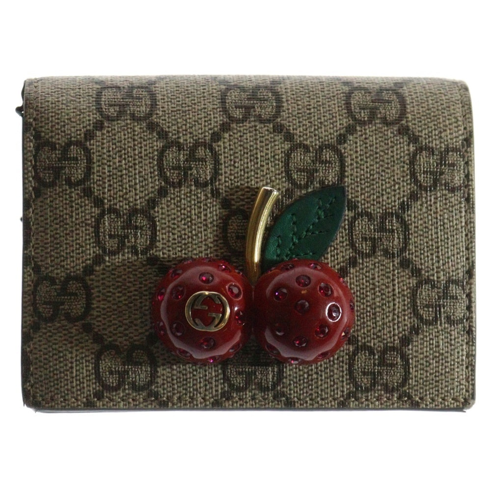 GUCCI(グッチ) GGスプリーム チェリー コンパクトウォレット 三つ折り財布 ゴールド金具 レザー ベージュ 476050