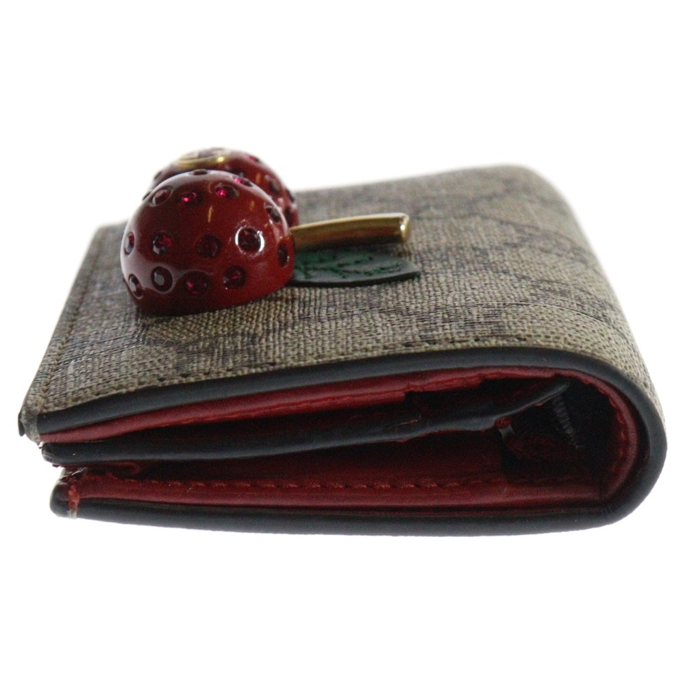 GUCCI(グッチ) GGスプリーム チェリー コンパクトウォレット 三つ折り財布 ゴールド金具 レザー ベージュ 476050