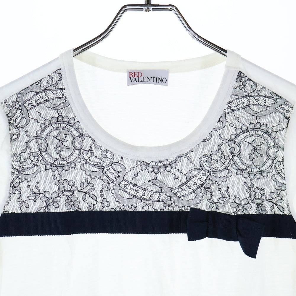 RED VALENTINO(レッド ヴァレンティノ) レース装飾 クルーネック 半袖Tシャツ レディース ホワイト ERAN0606
