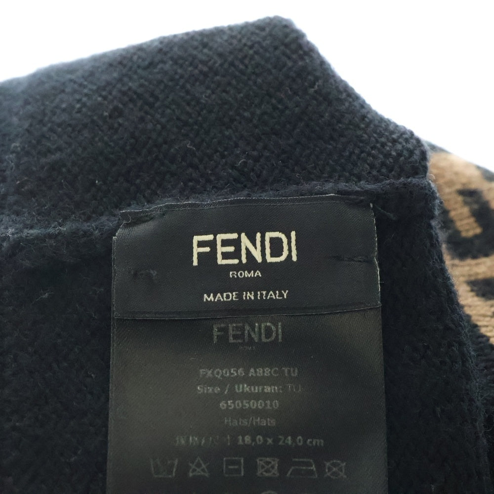 FENDI(フェンディ) ズッカ柄 ウール ニットキャップ ビーニー 帽子 ブラック FXQ056 A88C