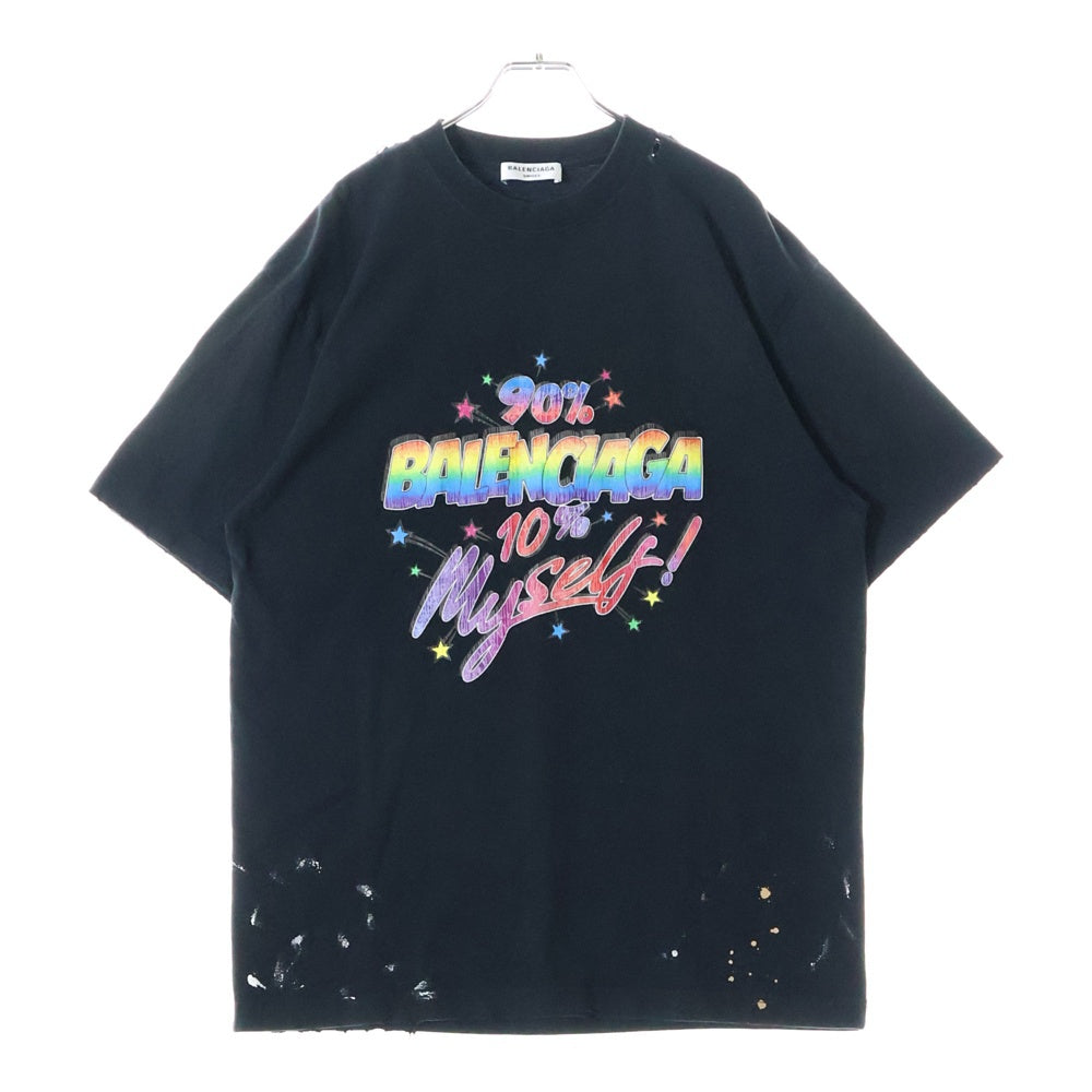 BALENCIAGA(バレンシアガ) 90/10 プリント ダメージ加工 クルーネック半袖Tシャツ カットソー ブラック 641675 TMVH3
