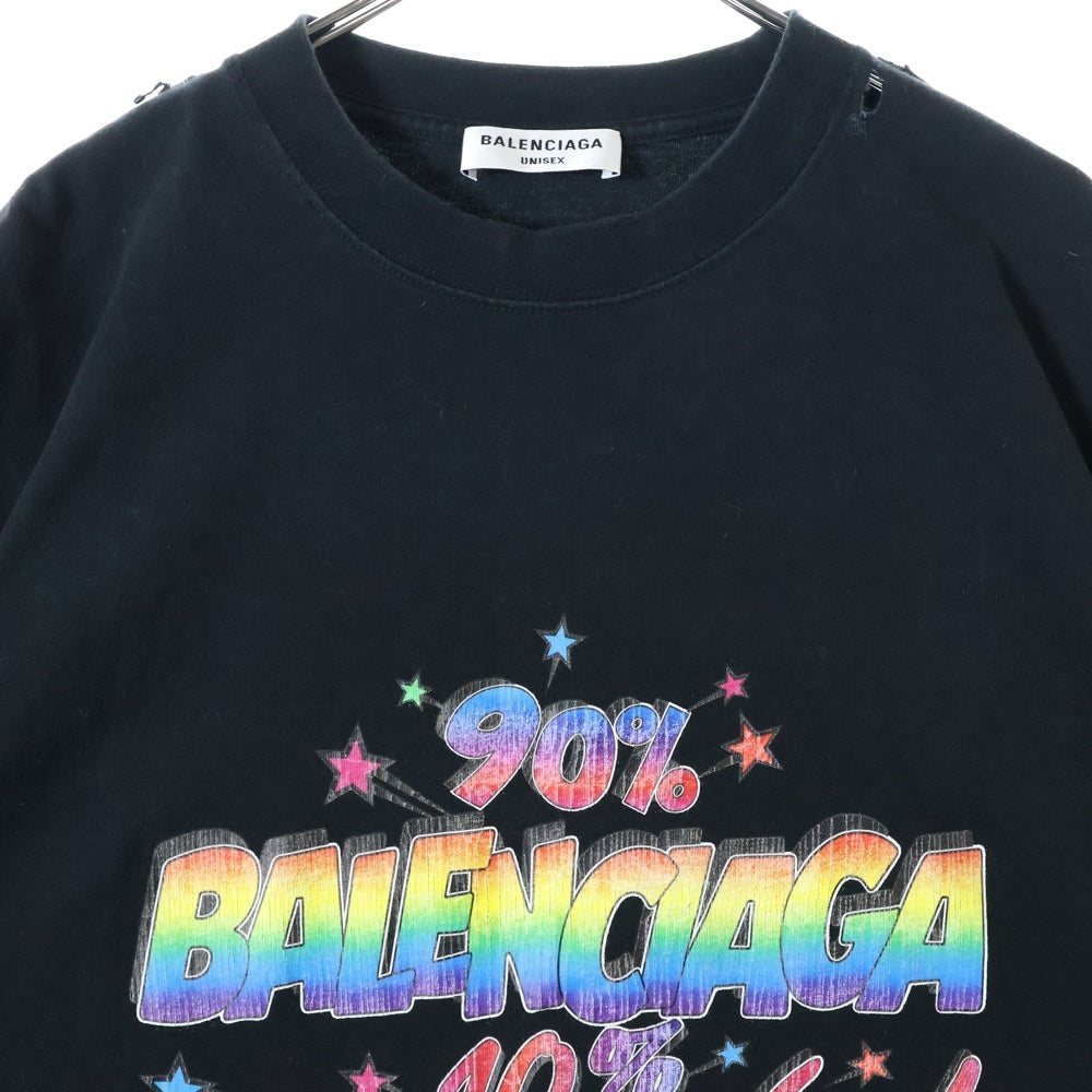 BALENCIAGA(バレンシアガ) 90/10 プリント ダメージ加工 クルーネック半袖Tシャツ カットソー ブラック 641675 TMVH3