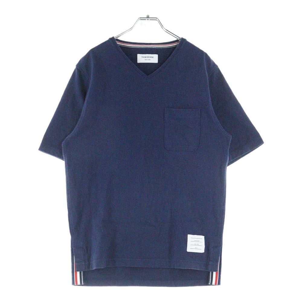 THOM BROWNE(トムブラウン) Vネック ストライプコットン半袖Tシャツ 01111C5007 ネイビー