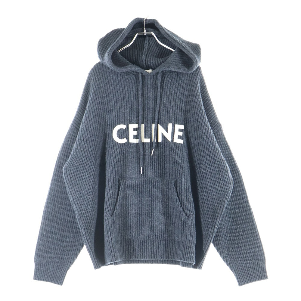 CELINE(セリーヌ) 21AW HOODED SWEATER IN RIBBED WOOL リブ編みウール ロゴワッペンプルオーバーニットパーカー 2A85W423P グレー