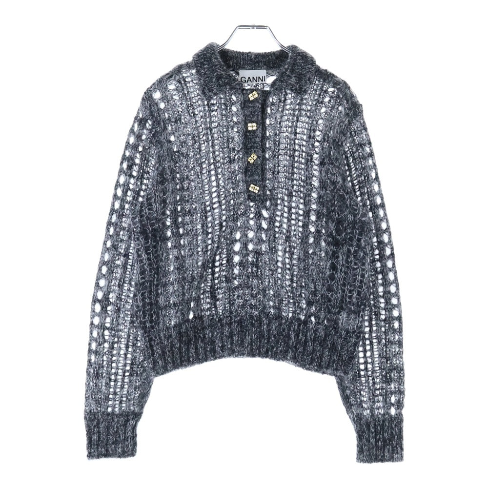 GANNI(ガニー) Mohair Lace Polo 2640 モヘヤ ローゲージニット長袖ポロシャツ グレー レディース