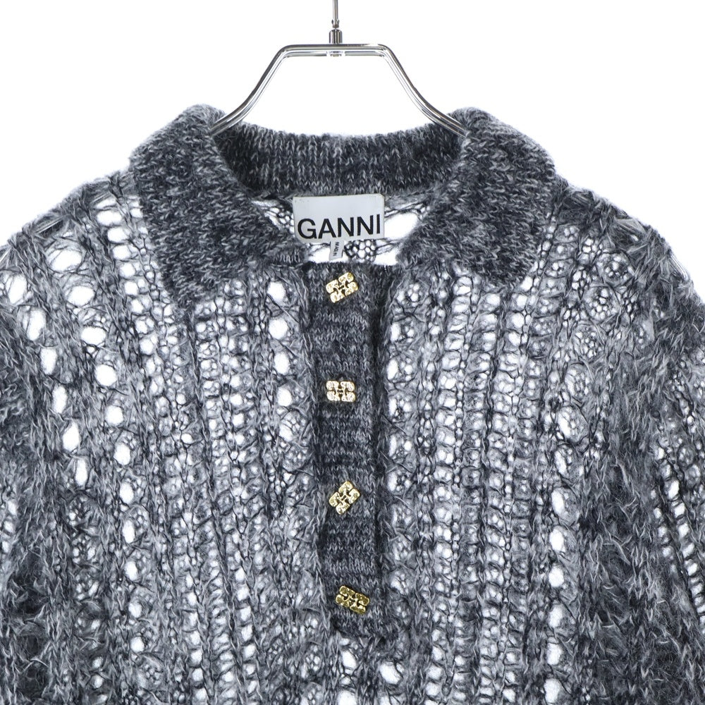 GANNI(ガニー) Mohair Lace Polo 2640 モヘヤ ローゲージニット長袖ポロシャツ グレー レディース