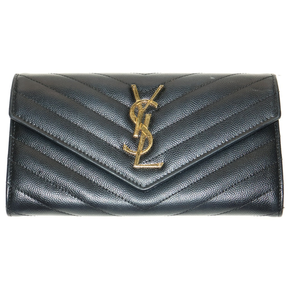 SAINT LAURENT PARIS(サンローランパリ) カサンドラ Vステッチ ラージフラップ レザーロングウォレット 長財布 GUE372264 ブラック