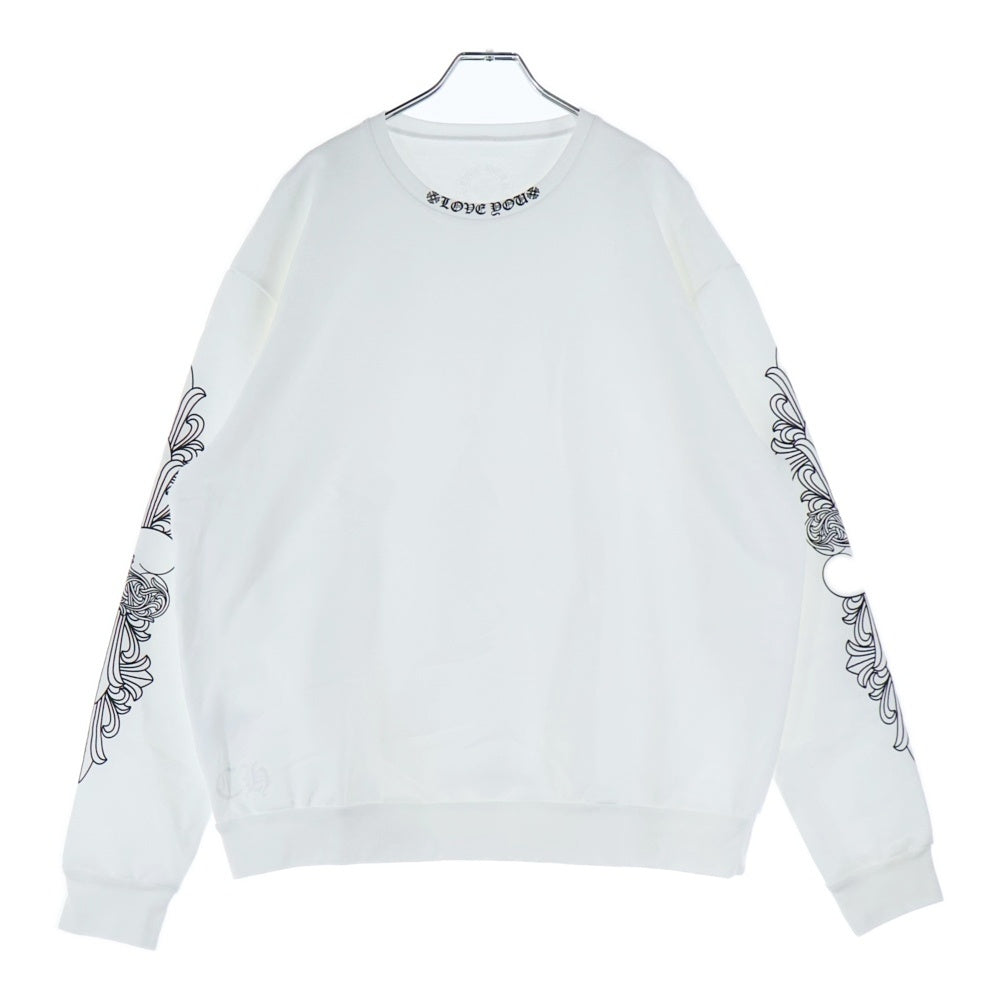 CHROME HEARTS(クロムハーツ) LOVE YOU CREW SWTSHRT 袖フローラルクロスハート ラブユー ネックプリント クルーネック プルオーバースウェットトレーナー ホワイト