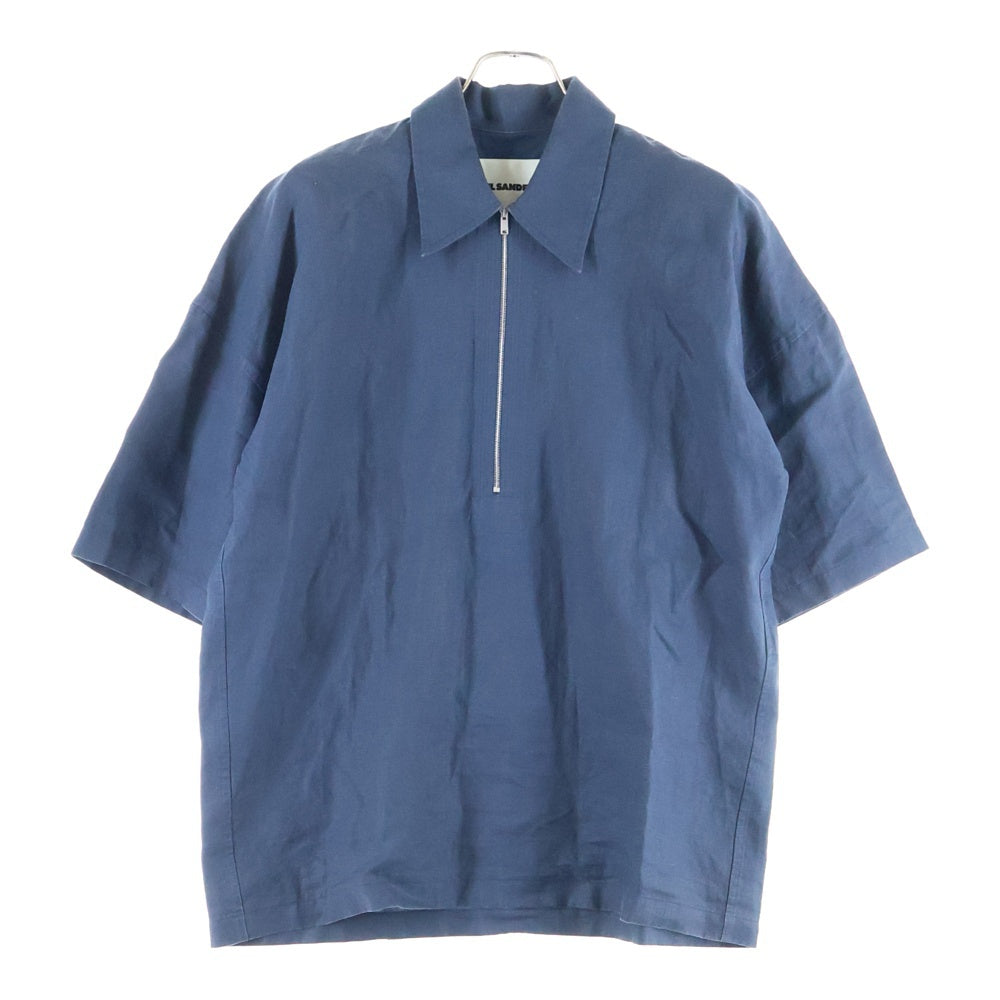 JIL SANDER(ジルサンダー) 23SS オーバーサイズ リネン ハーフジップ 半袖シャツ ネイビー J22DL0137