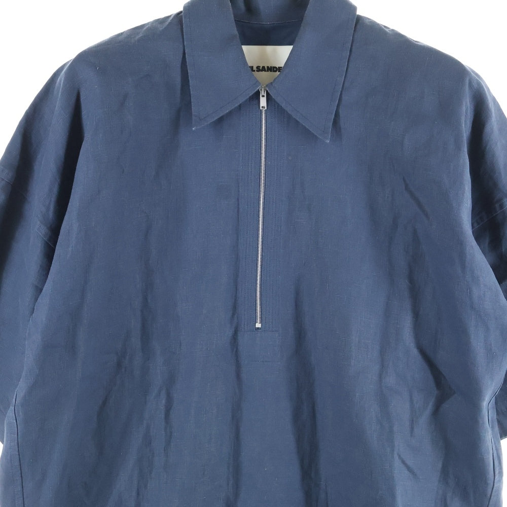 JIL SANDER(ジルサンダー) 23SS オーバーサイズ リネン ハーフジップ 半袖シャツ ネイビー J22DL0137