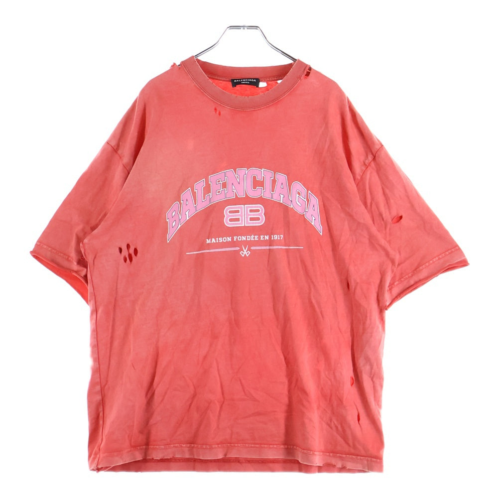BALENCIAGA(バレンシアガ) 22SS デストロイ加工 ロゴプリント 半袖Tシャツ カットソー レッド 612966 TLVJ1