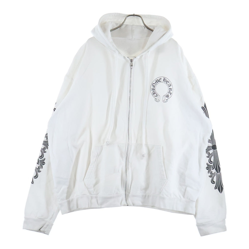 CHROME HEARTS(クロムハーツ) SWTSHRT HD ZIP バックホースシュー 袖フローラルプリント ジップアップスウェットパーカー ホワイト