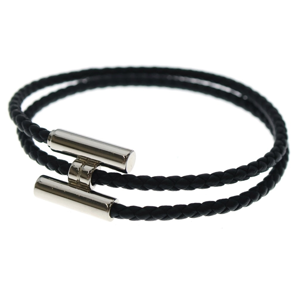 HERMES(エルメス) トゥルニ トレッセ Hロゴ ノワール レザー ブレスレット ブラック/シルバー