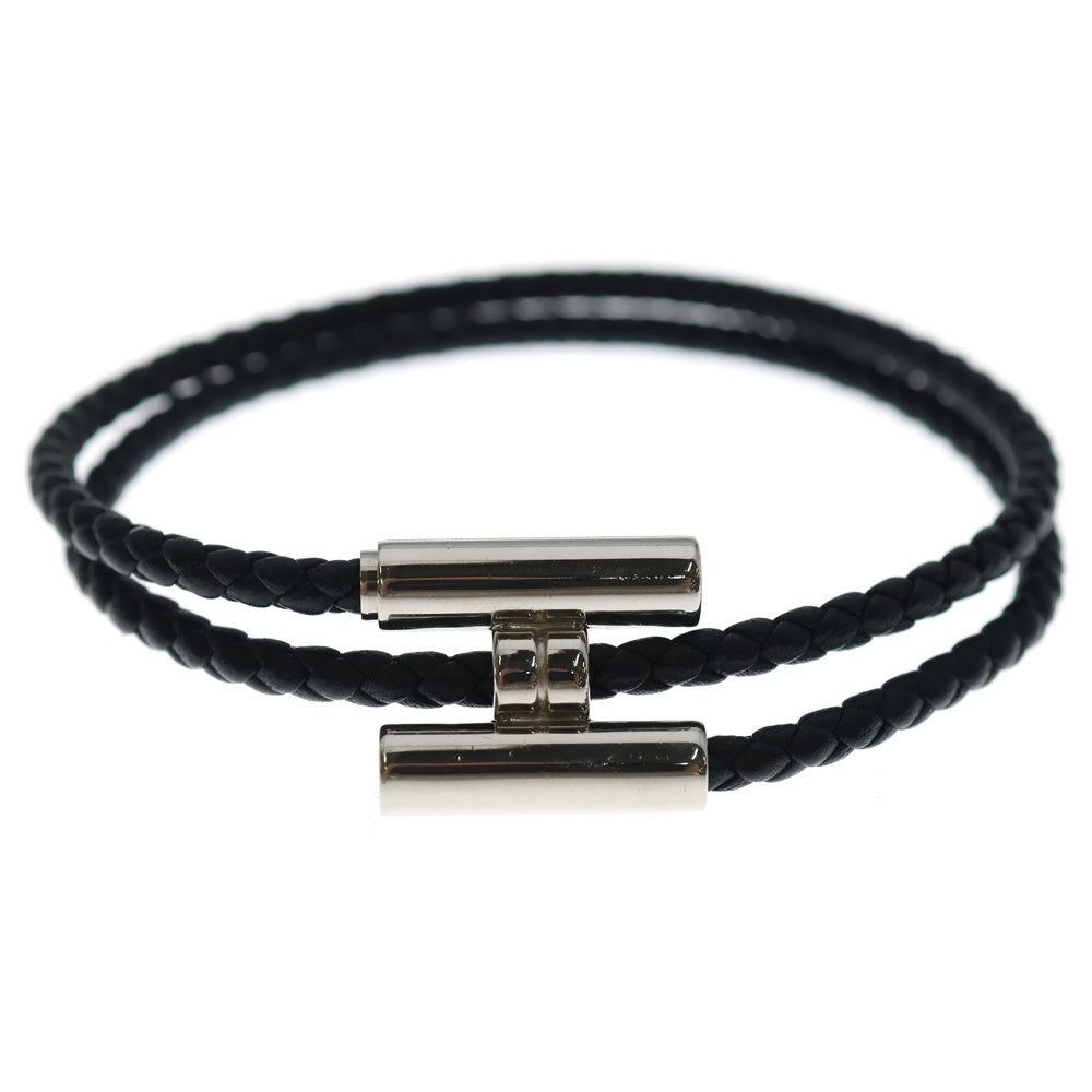 HERMES(エルメス) トゥルニ トレッセ Hロゴ ノワール レザー ブレスレット ブラック/シルバー