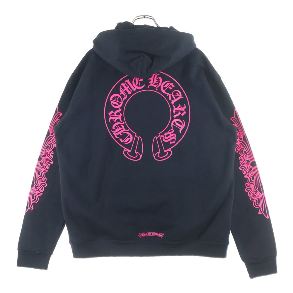 CHROME HEARTS(クロムハーツ) SWTSHRT HD ZIP バックホースシュー 袖フローラルプリント ジップパーカー ブラック/ピンク