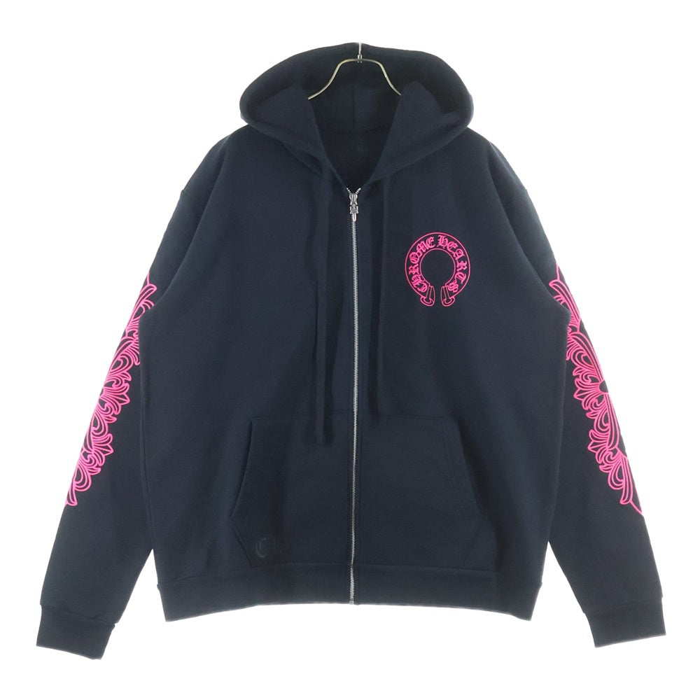CHROME HEARTS(クロムハーツ) SWTSHRT HD ZIP バックホースシュー 袖フローラルプリント ジップパーカー ブラック/ピンク
