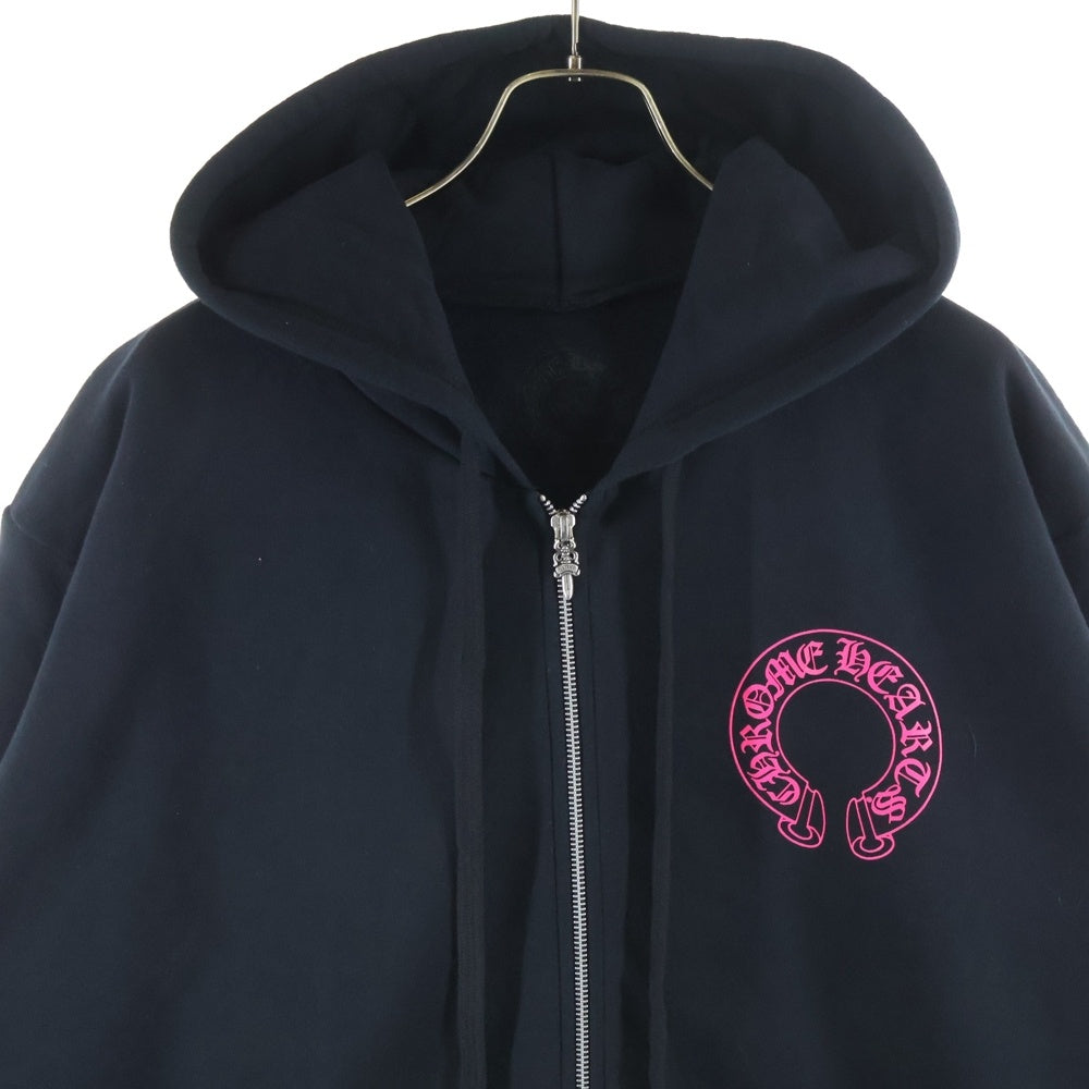 CHROME HEARTS(クロムハーツ) SWTSHRT HD ZIP バックホースシュー 袖フローラルプリント ジップパーカー ブラック/ピンク