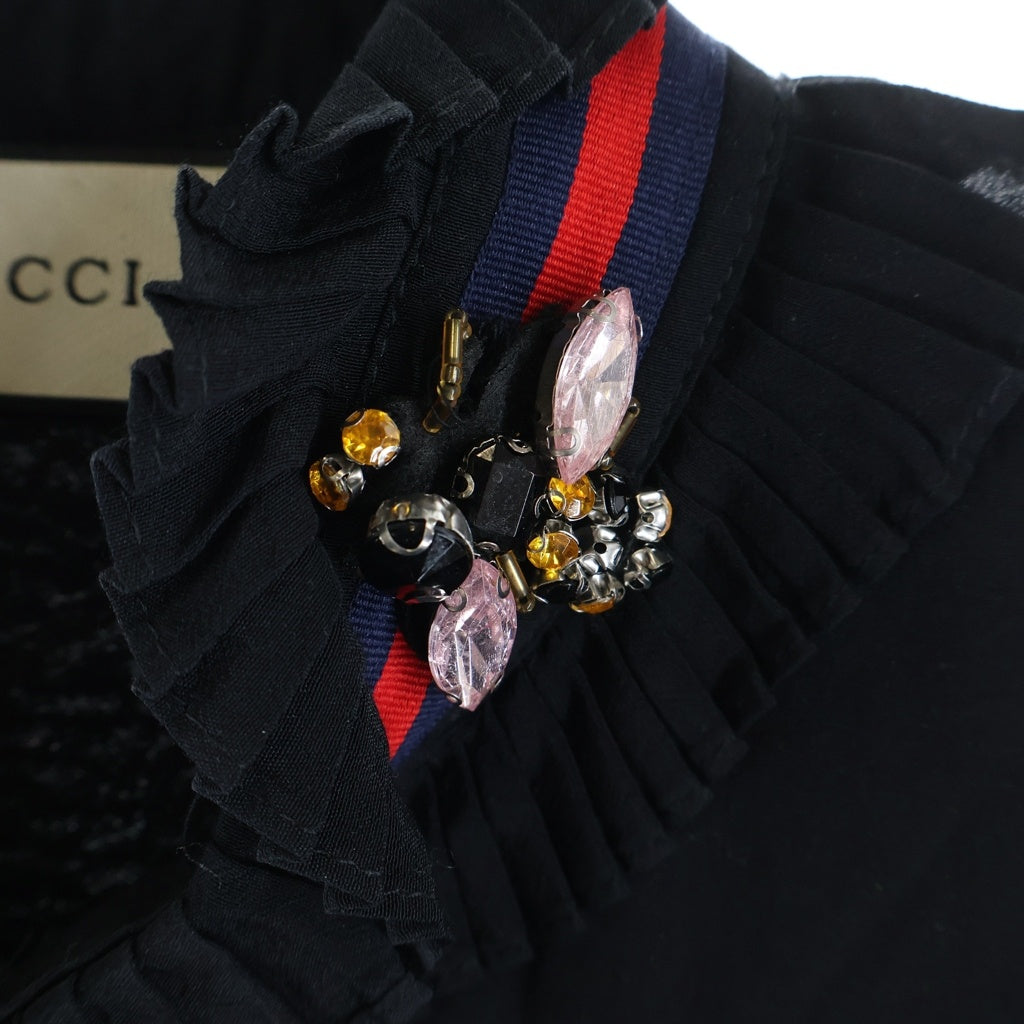 GUCCI(グッチ) ウェブボウリボン ブローチ付き フリルブラウス ブラック レディース