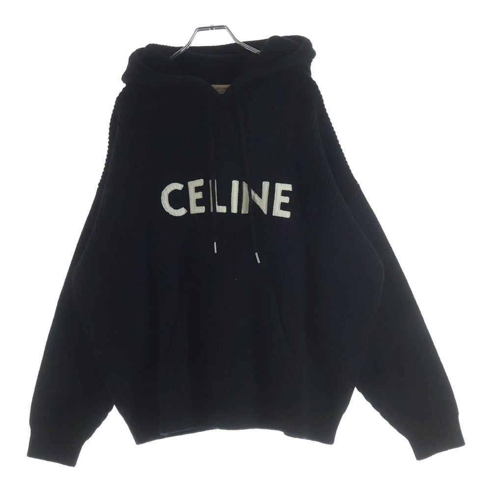CELINE(セリーヌ) フロントロゴ リブ編み ウール プルオーバー ニットパーカー ブラック