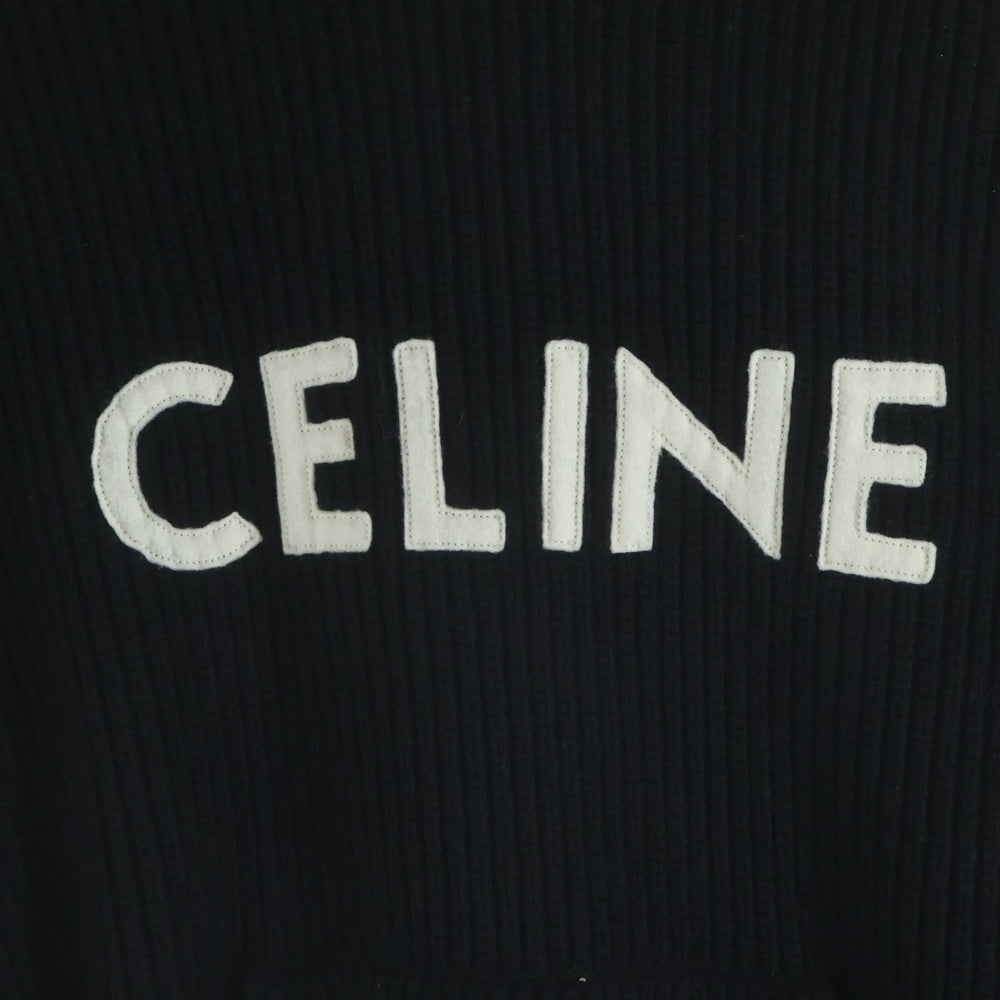 CELINE(セリーヌ) フロントロゴ リブ編み ウール プルオーバー ニットパーカー ブラック