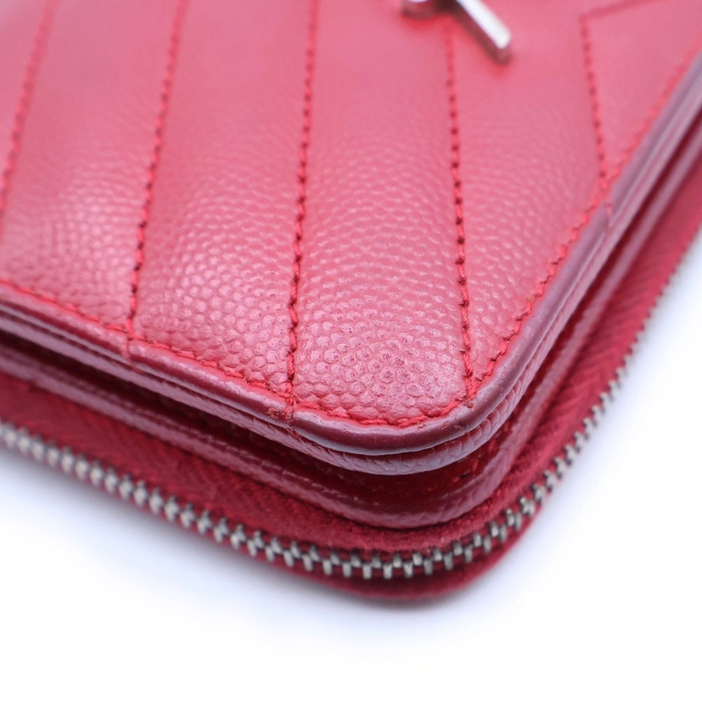 SAINT LAURENT PARIS(サンローランパリ) YSLロゴ Vステッチ二つ折り財布 レッド レディース