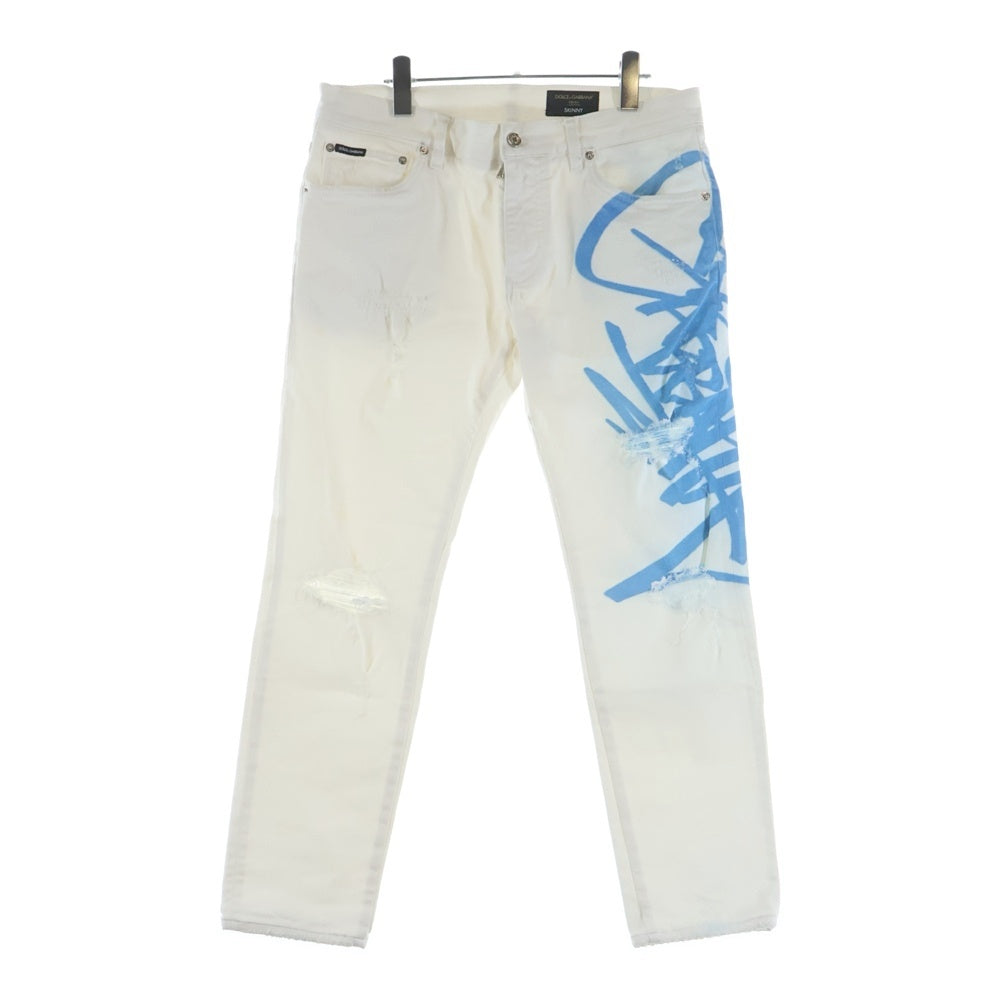DOLCE & GABBANA(ドルチェアンドガッバーナ) Tattered Graffiti Skinny Denim Jeans GY07LD/G8GV9 グラフィックプリント ダメージスキニージーンズ デニムパンツ ホワイト