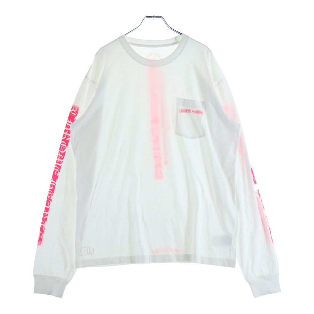 CHROME HEARTS(クロムハーツ) Neon Pink Stripe Logo ストライプロゴ プリント 長袖Tシャツ カットソー ホワイト/ピンク