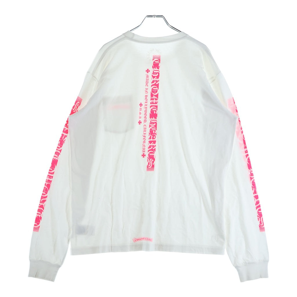 CHROME HEARTS(クロムハーツ) Neon Pink Stripe Logo ストライプロゴ プリント 長袖Tシャツ カットソー ホワイト/ピンク
