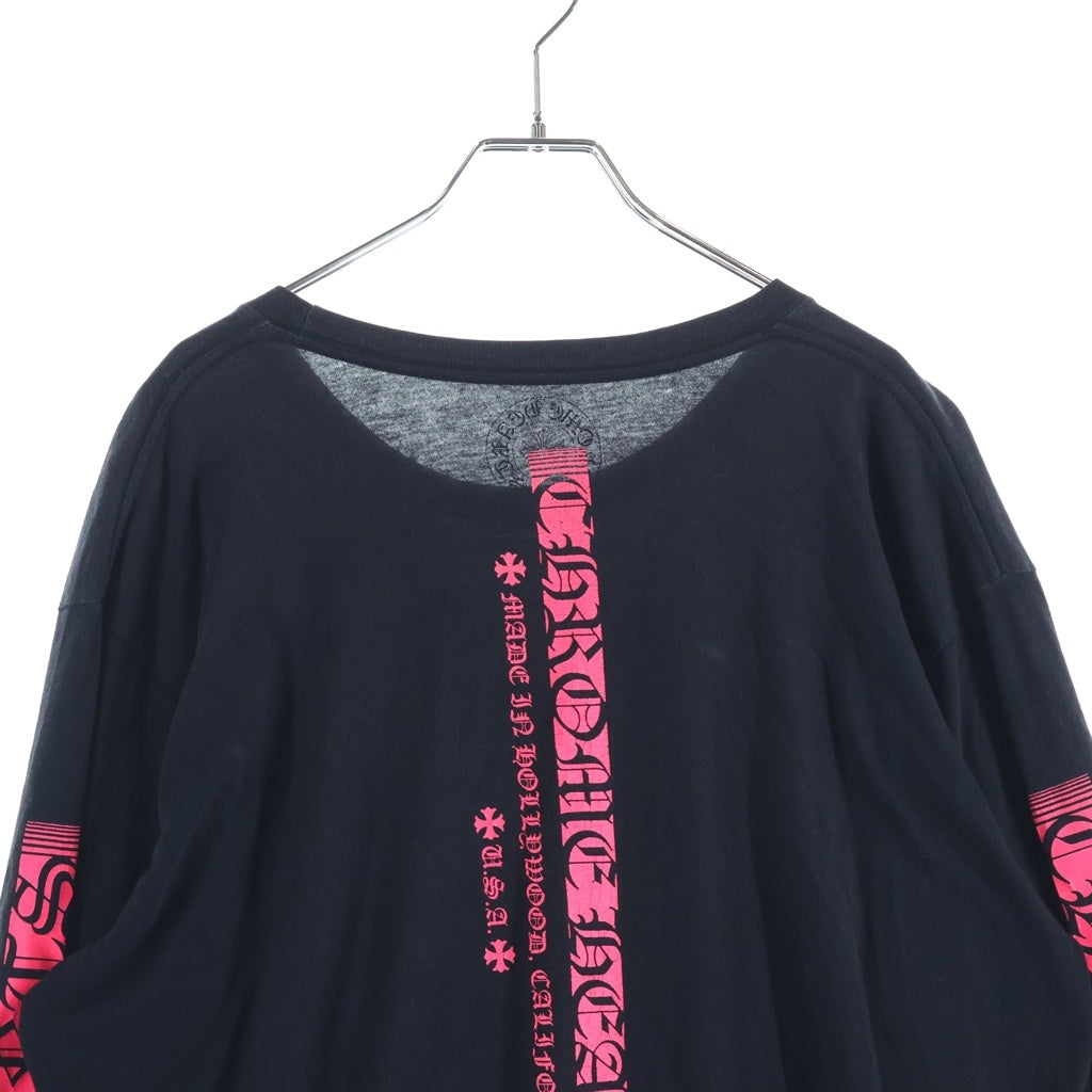 CHROME HEARTS(クロムハーツ) Neon Pink Stripe Logo ストライプロゴ プリント 長袖Tシャツ カットソー ブラック/ピンク