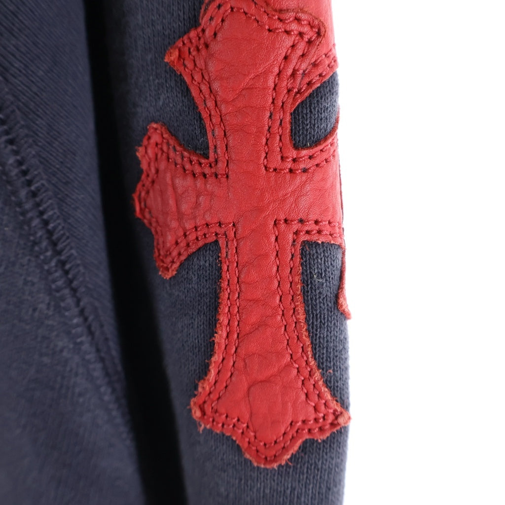 CHROME HEARTS(クロムハーツ) Y NOT Cross Leather Patch Sweatshirt ワイノット レザー クロスパッチ スウェットシャツ クルーネックトレーナー ネイビー/レッド