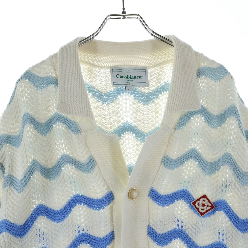 CASABLANCA(カサブランカ) 24SS WAVY GRADIENT CROCHET SHIRT CASABLANCA24SP-6 パールボタン ウェーブクロケットニット半袖シャツ ホワイト/ブルー