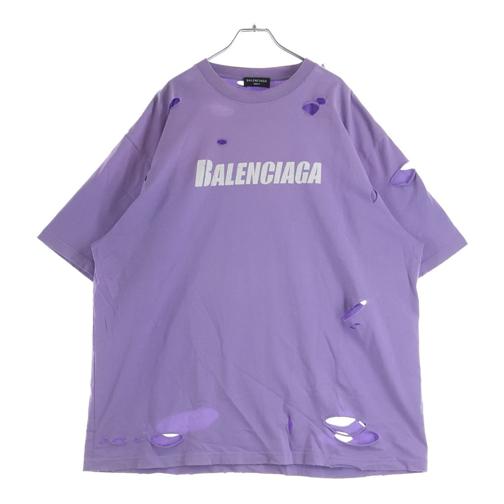 BALENCIAGA(バレンシアガ) 21SS デストロイ加工 ロゴプリント 半袖Tシャツ カットソー 651795 パープル