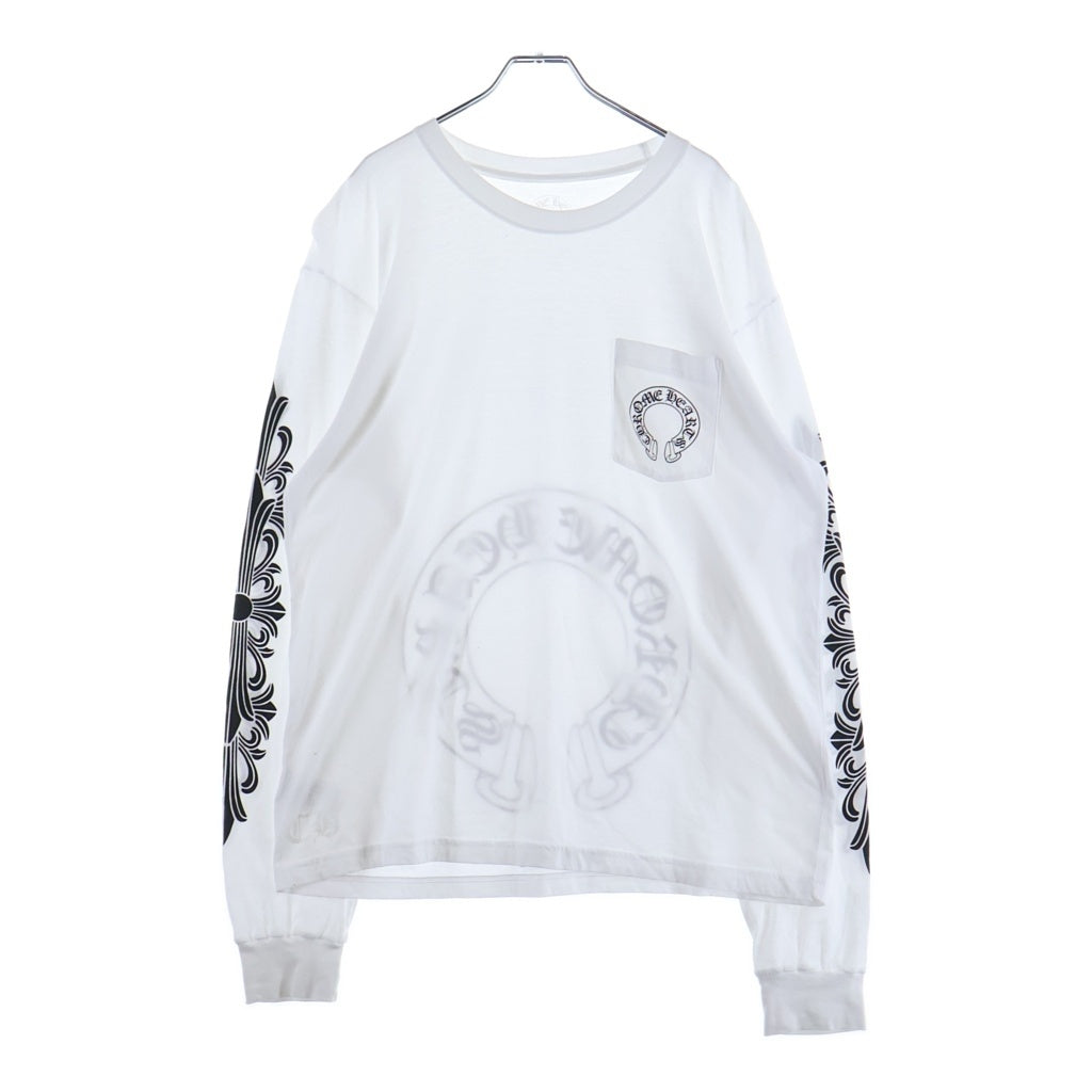 CHROME HEARTS(クロムハーツ) FLRL CRS HORSESHOE L/S バックホースシュー 袖フローラル ロングスリーブ 長袖Tシャツ カットソー ホワイト ‐