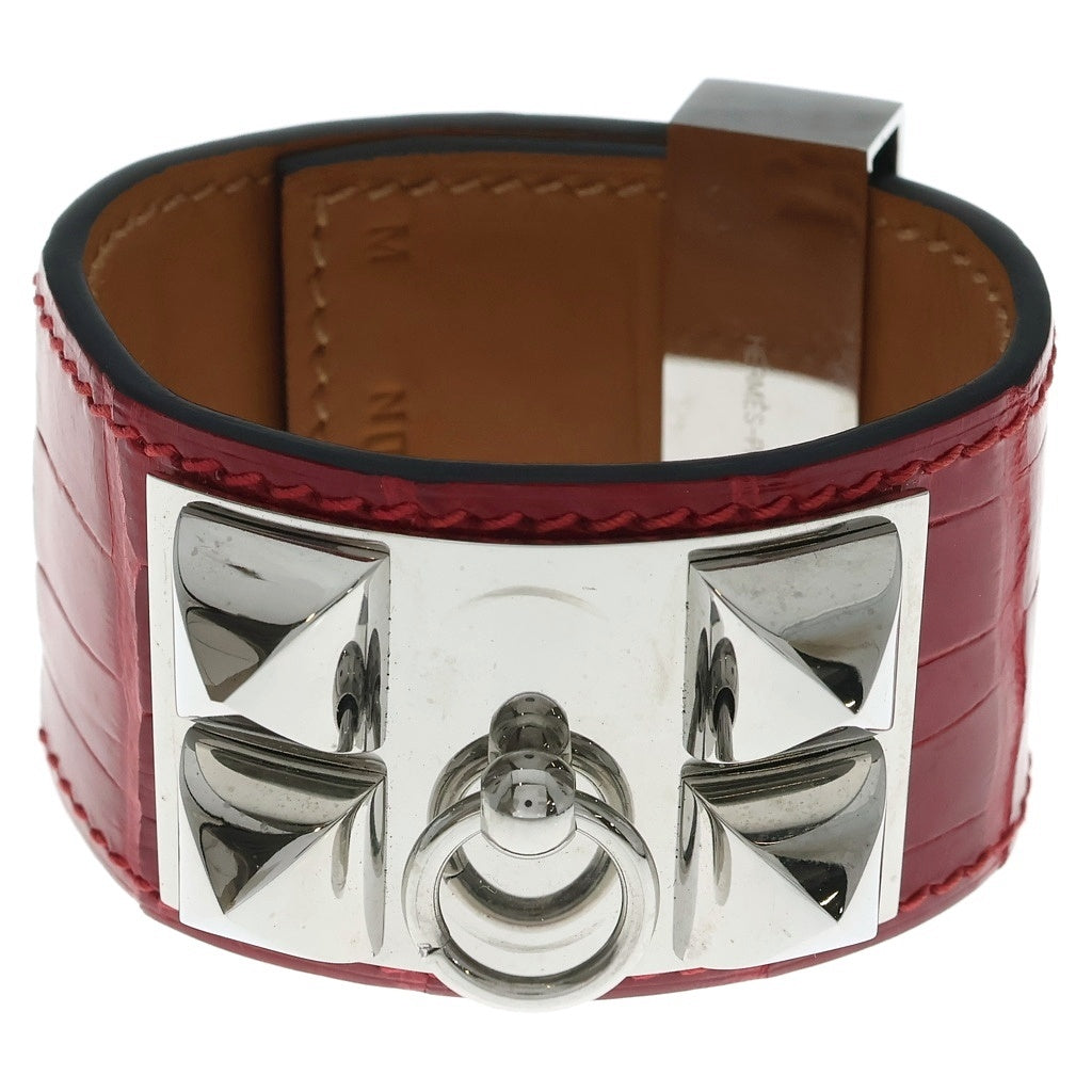 HERMES(エルメス) コリエドシアン アリゲーター レザー スタッズ バングル ブレスレット シルバー金具 M刻印 レッド レディース