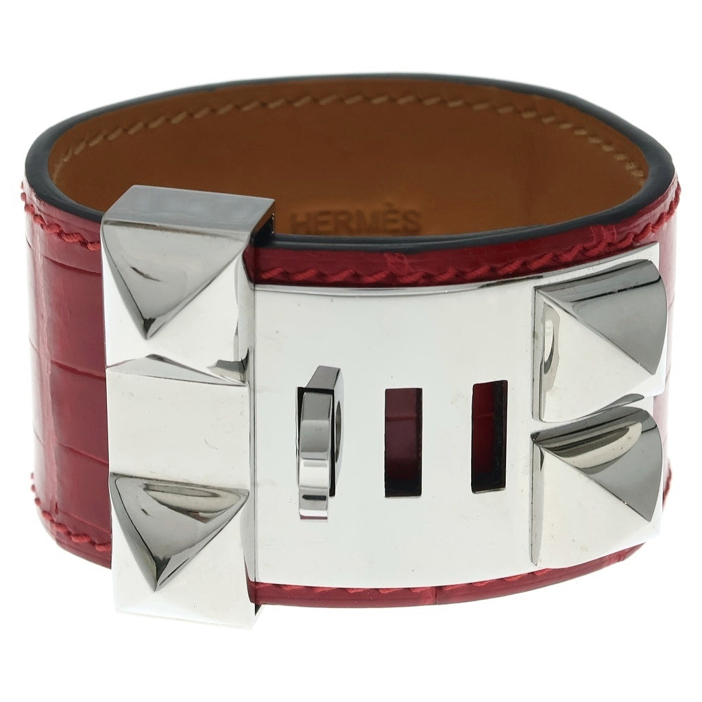 HERMES(エルメス) コリエドシアン アリゲーター レザー スタッズ バングル ブレスレット シルバー金具 M刻印 レッド レディース
