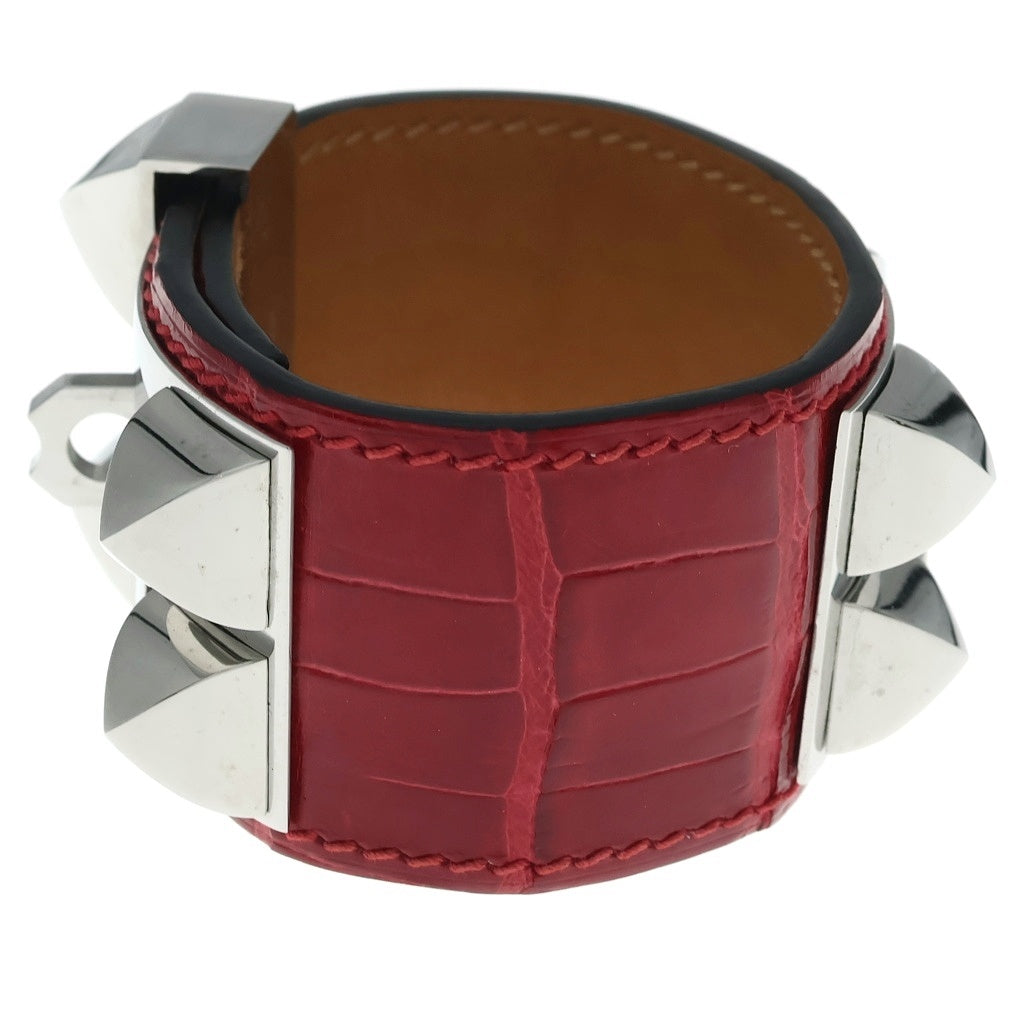 HERMES(エルメス) コリエドシアン アリゲーター レザー スタッズ バングル ブレスレット シルバー金具 M刻印 レッド