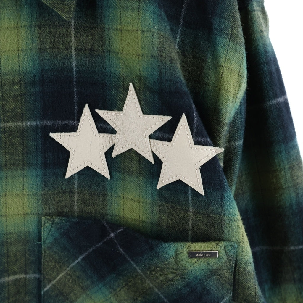 AMIRI(アミリ) LEATHER STAR PATCH PLAID FLANNEL SHIRT レザースターパッチプレイドフランネルシャツ チェック長袖シャツ グリーン
