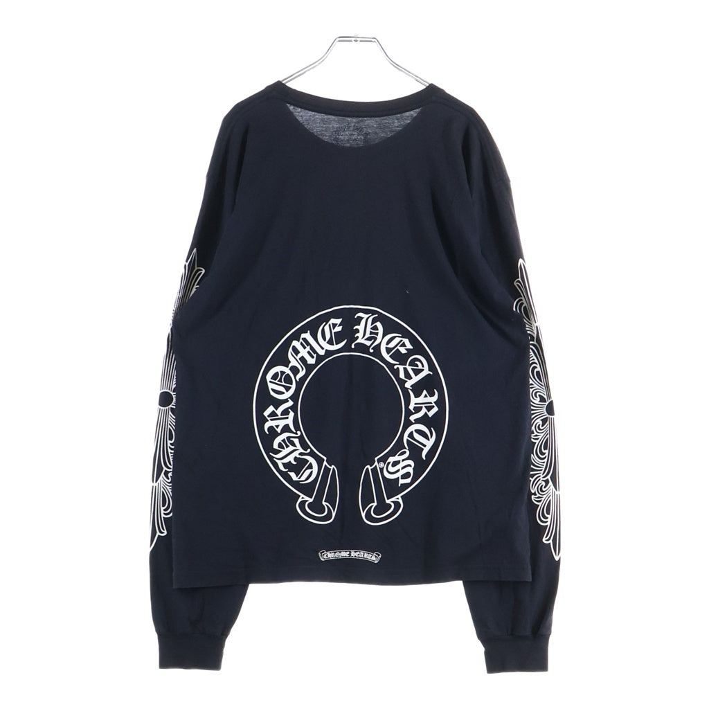 CHROME HEARTS(クロムハーツ) FLOLAL CROSS HORSESHOE L/S Tee フローラルクロス バックホースシュープリント 長袖Tシャツ ブラック