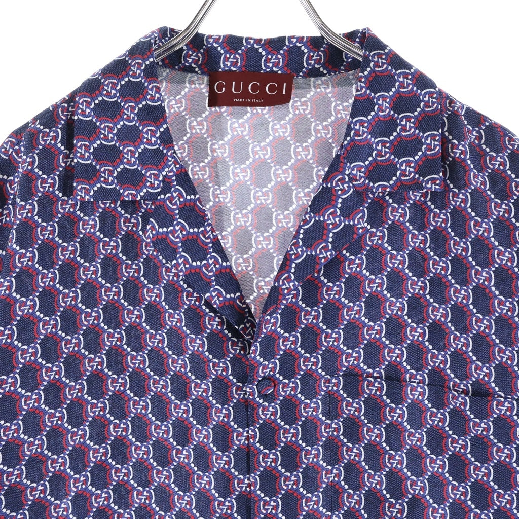 GUCCI(グッチ) Monogram Silk Shirt GG モノグラム シルク 半袖シャツ 総柄ロゴ 794907 ZAQ9H ブルー