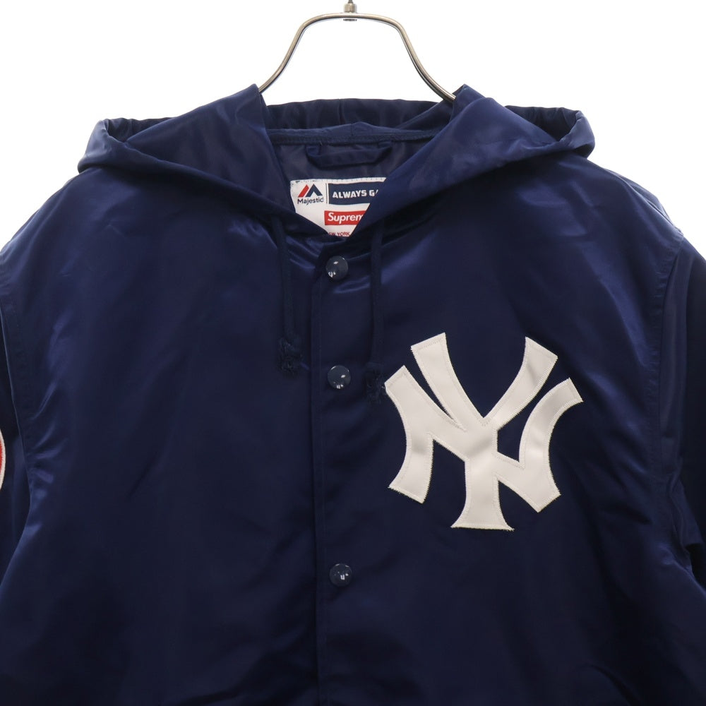 SUPREME(シュプリーム) 15SS×MAJESTIC NY Yankees satin Hooded Coaches ヤンキース サテンフーディジャケット ブルー