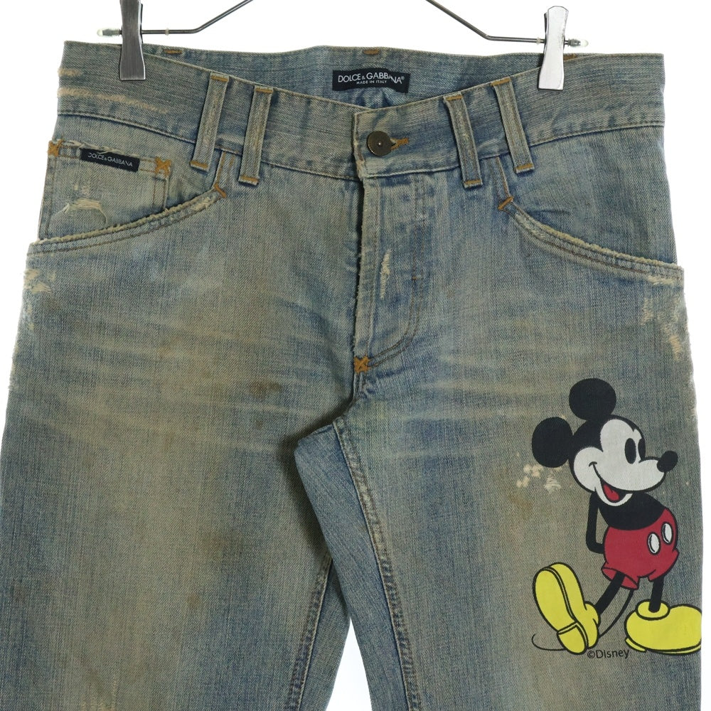 DOLCE & GABBANA(ドルチェアンドガッバーナ) ×Disney Mickey Mouse ディズニー ミッキーマウスプリント ダメージ加工デニムパンツ インディゴブルー