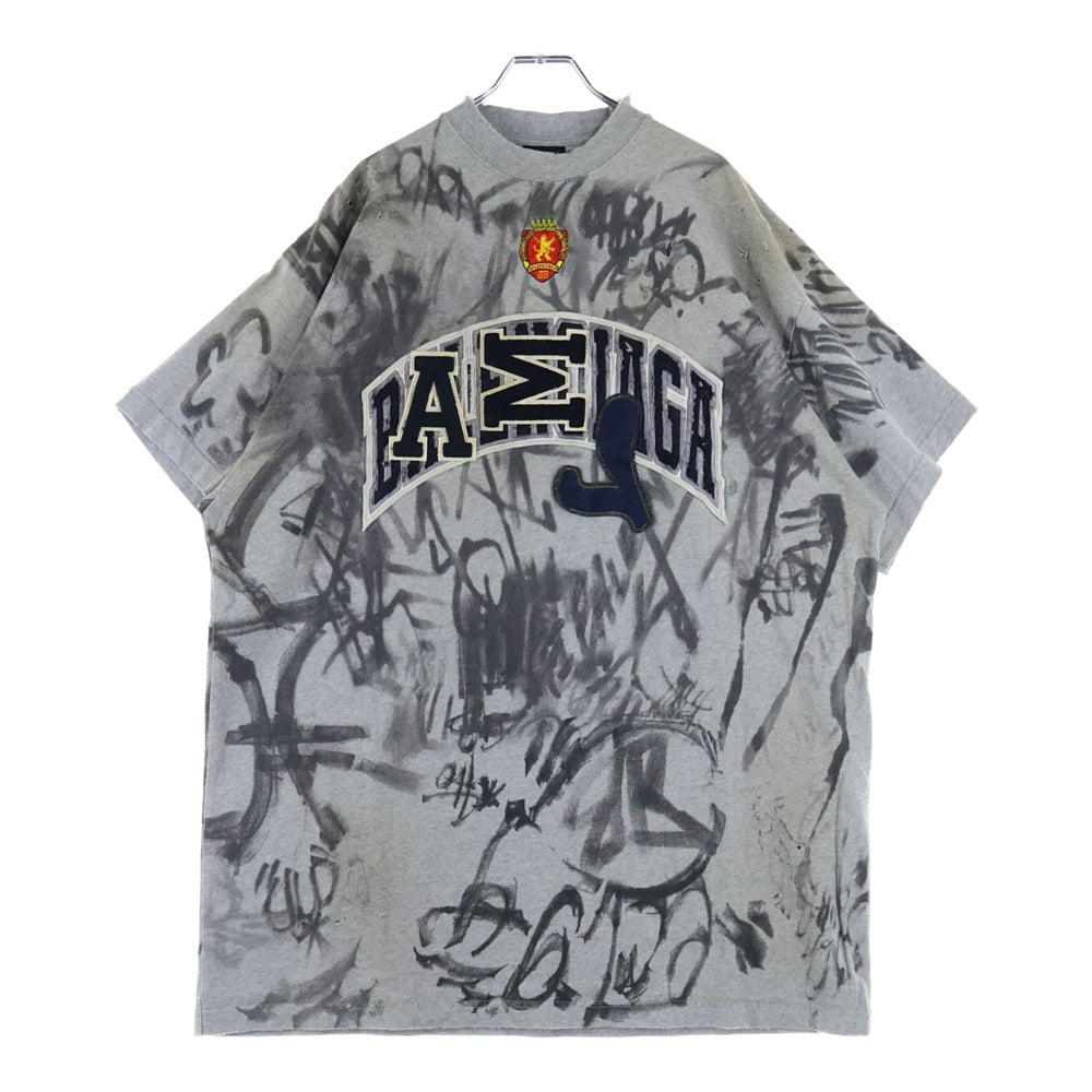 BALENCIAGA(バレンシアガ) 23SS 1300 Skater デストロイ加工 ワッペン 半袖Tシャツ カットソー グレー 739028 TOVA7