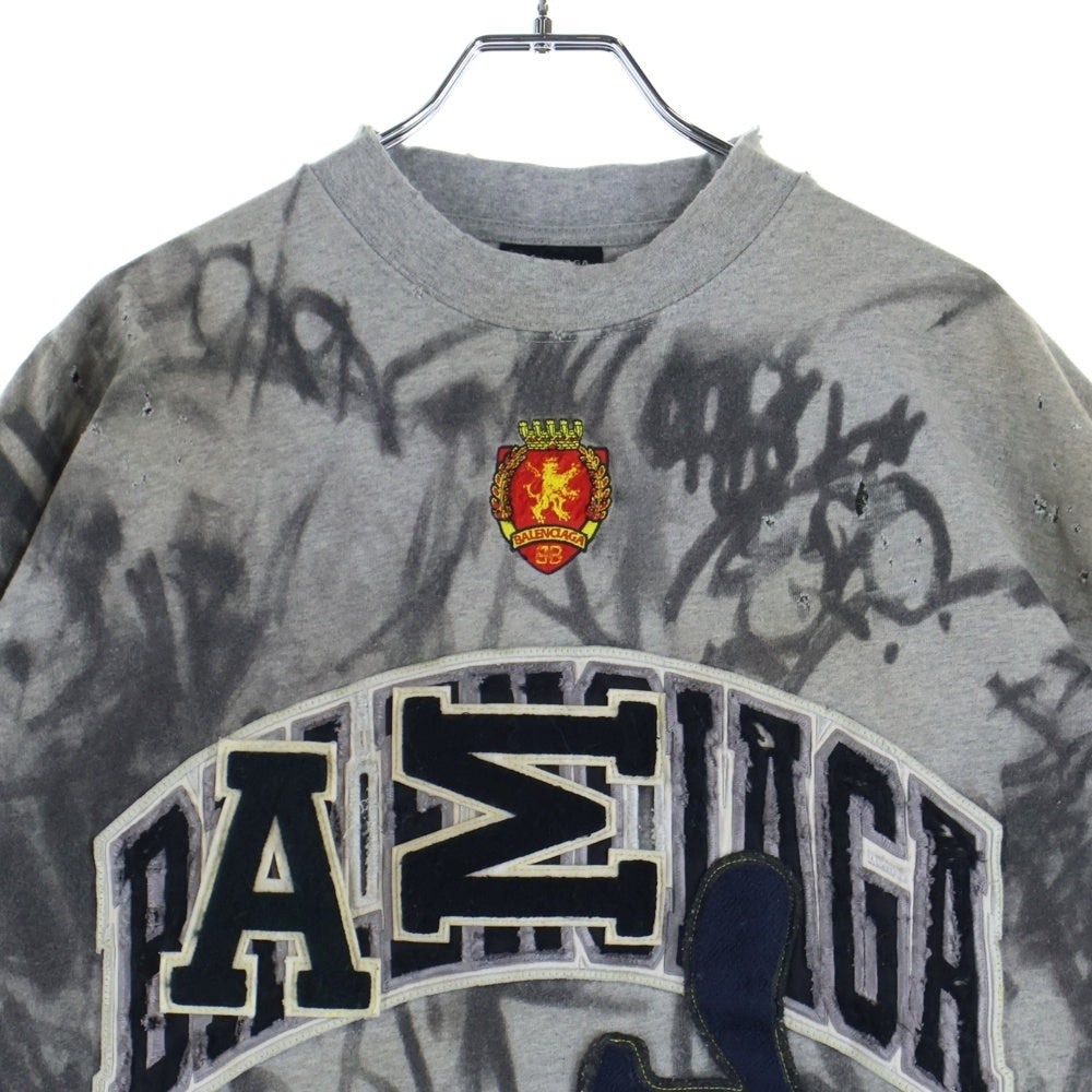 BALENCIAGA(バレンシアガ) 23SS 1300 Skater デストロイ加工 ワッペン 半袖Tシャツ カットソー グレー 739028 TOVA7