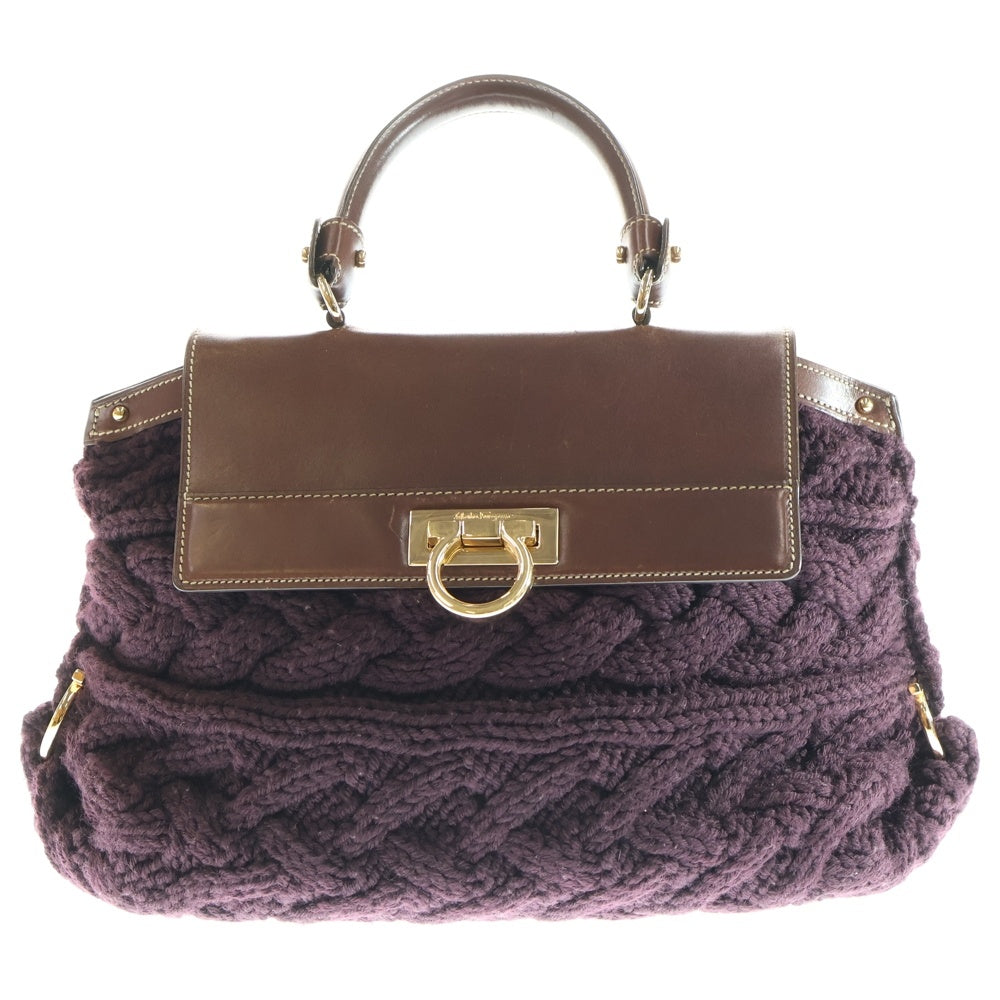 FERRAGAMO(フェラガモ) ガンチーニ 2WAY ニット ハンドバッグ ショルダーバッグ ブラウン レディース