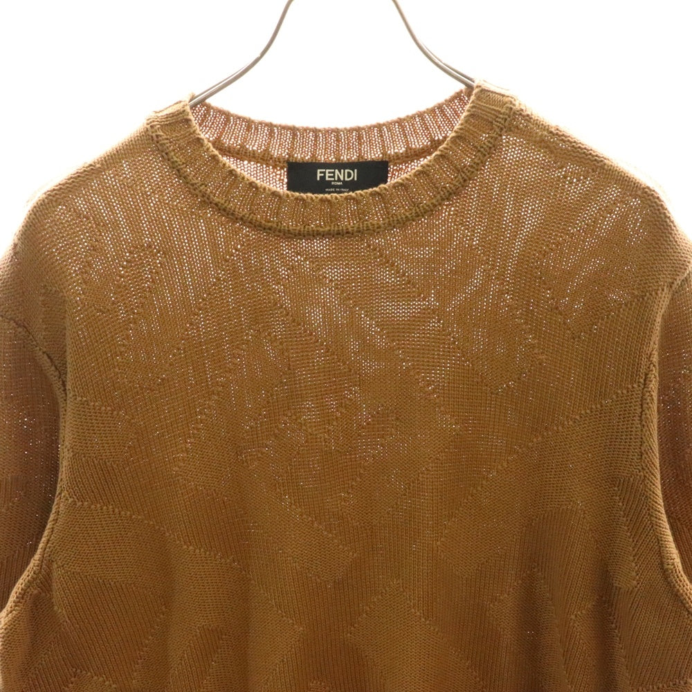 FENDI(フェンディ) ズッカ柄 ジャガード フリンジ クルーネック半袖ニット セーター ブラウン FZX144 AN3T