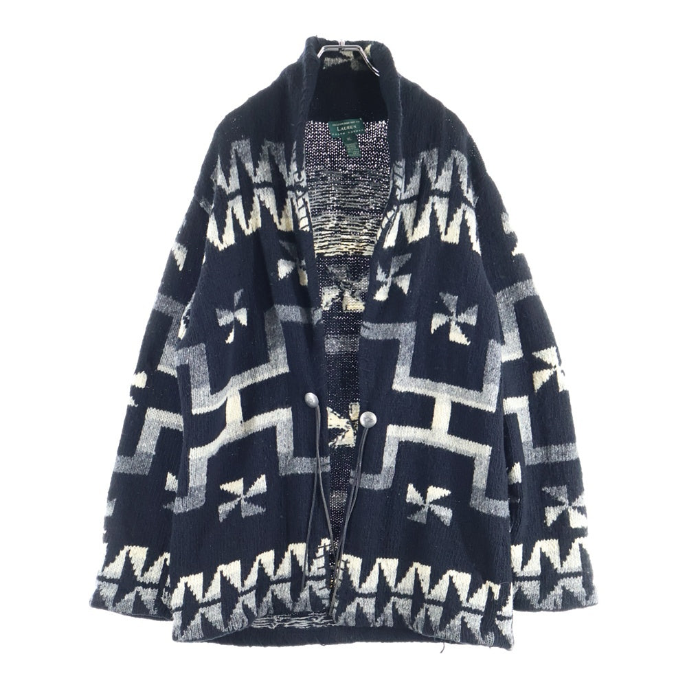 RALPH LAUREN(ラルフローレン) 90s スワティカ ネイティブ柄 コンチョ ラムウール カーディガン ブラック