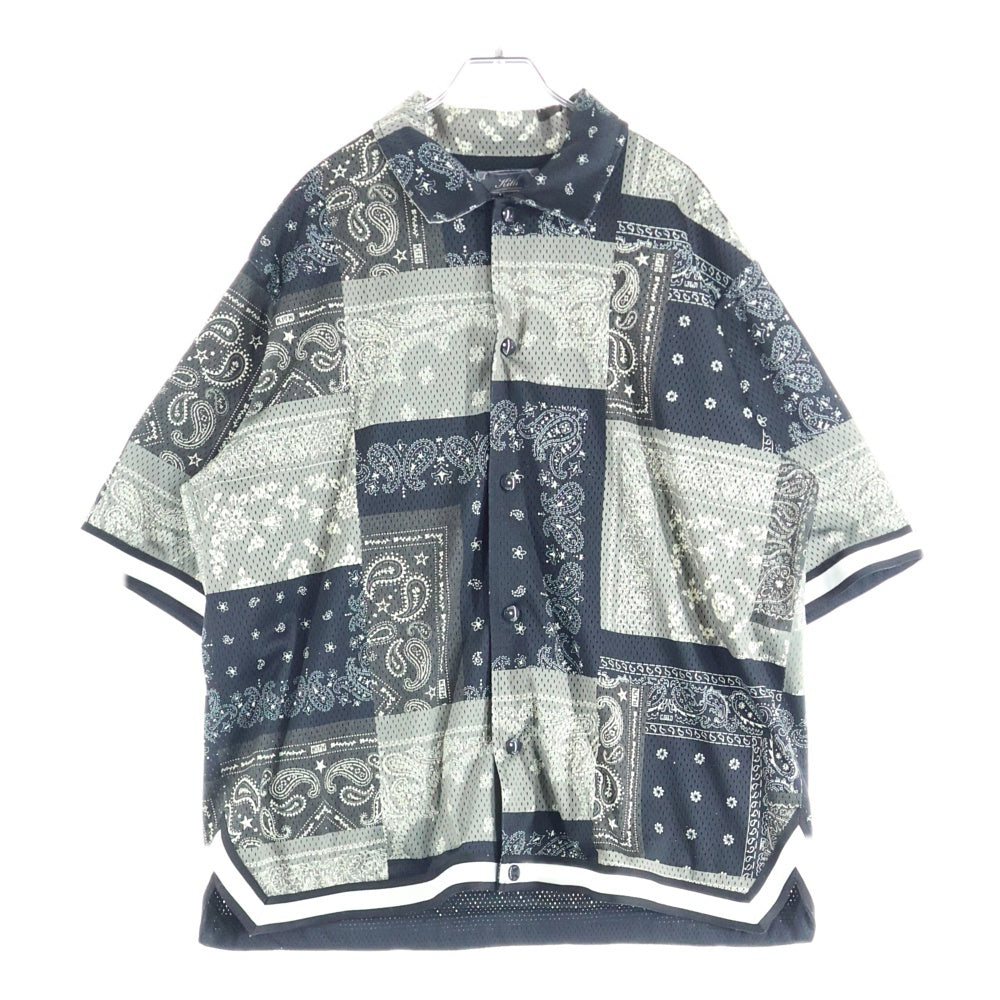 KITH(キス) 25SS Printed Mesh Woodpoint Shirt バンダナ総柄プリント メッシュ ウッドポイント スナップボタン 半袖シャツ KHM033469 ブラック/カーキ