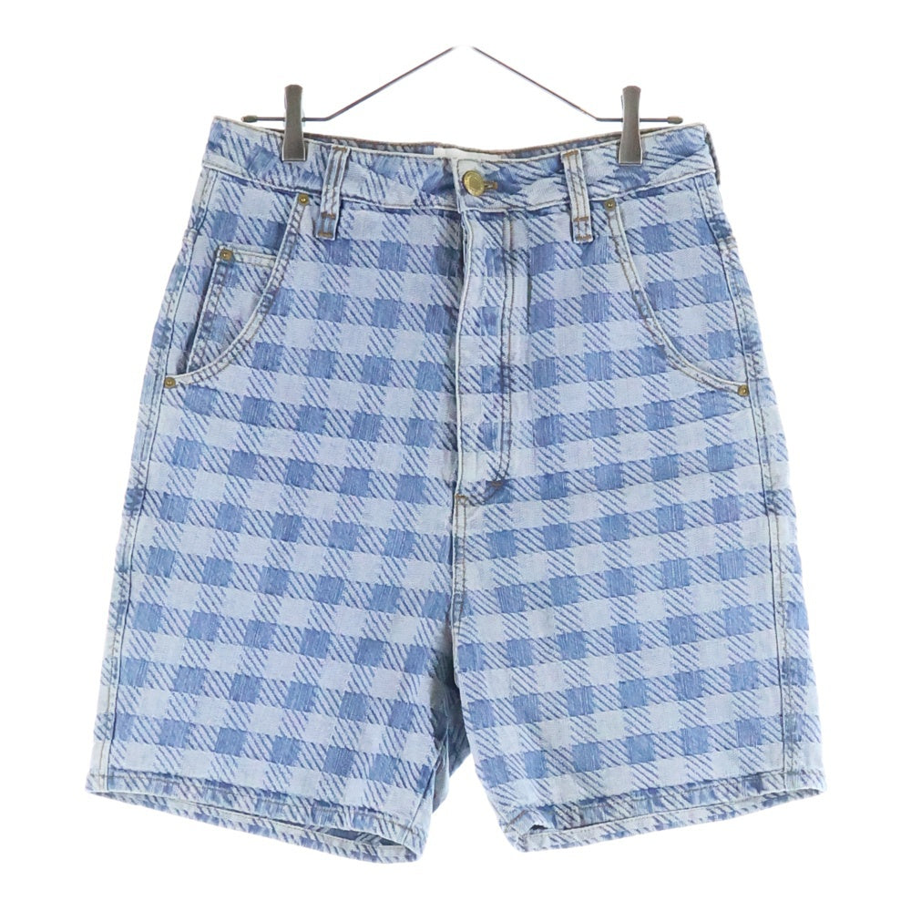 ami paris(アミパリス) カウレザーパッチ チェック柄 ボタンフライデニムショーツ ハーフパンツ HS0600 DE0010 インディゴ レディース