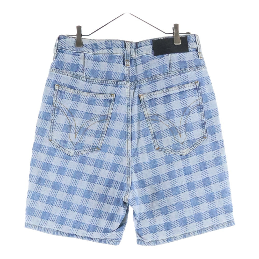 ami paris(アミパリス) カウレザーパッチ チェック柄 ボタンフライデニムショーツ ハーフパンツ HS0600 DE0010 インディゴ レディース